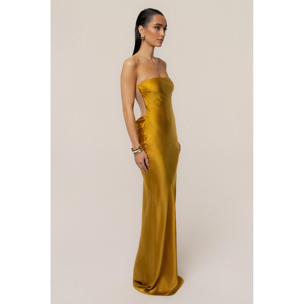JLUXLABEL Maxi Dress Womens Strapless Satin Mustard Yellow Small Goddess Elegant